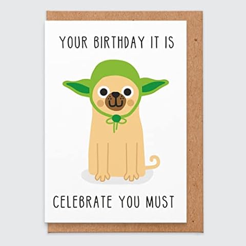 STUDIO BOKETTO Birthday Card Husband Geeky Birthday Card Science Fiction Celebrate You Must Nerdy Pug Birthday Card Pug Gifts Funny Birthday Card Dog Card for Him Dad Boyfriend Boys, white Cover