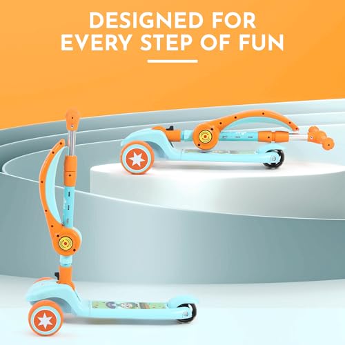 Image of 3 Wheel Kids Scooter with Foldable Seat | Adjustable Handlebar | PU LED Wheels | Light & Music Deck | Sit & Stand Kick Scooter for Boys & Girls 3-14 Years (Green & Orange)