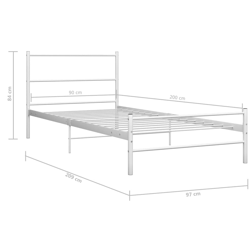 Łóżko białe, metalowe, 90 x 200 cm, stabilne łóżko pojedyncze ze stelażem, malowana proszkowo rama łóżka, zajmujące mało miejsca, meble do spania, wytrzymałe łóżko młodzieżowe, pasująca rama