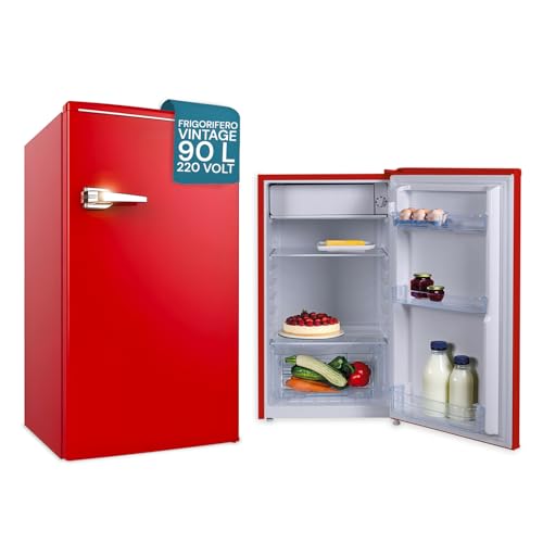 Wintem - Vintage-Kühlschrank mit einer Tür 90 l mit Gefrierfach, verstellbarem Regal und Schublade, ideal für Zuhause und Büro, Retro-Stil, kompakt und leise, Energieeffizienzklasse A+ Rot