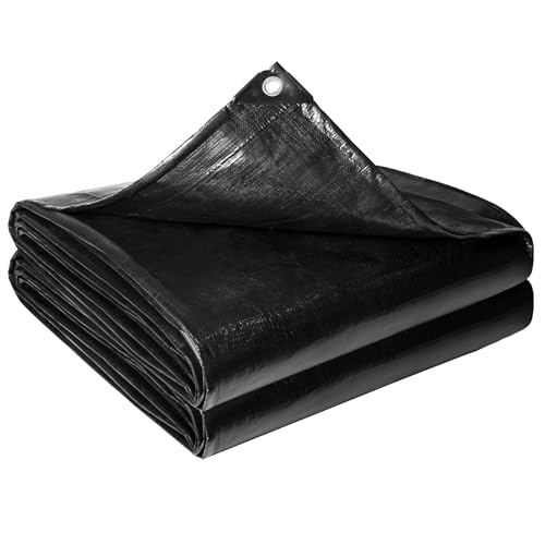 Reinforced PE Pond Liner 20 x 20 FT 28 Mil Sun Resistant Preformed Pond Liner Hemmed Edge with Buttonholes Liner for Outdoor Large Ponds Fish/KOI/Duck Pond Garden Waterfall Waterscape Black