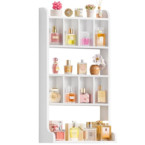 Keebofly Perfume Organizer Wall Mount & Large Cologne Display Case - Wooden Multi-Tier Trinket Shelf for Fragrances Collectibles Figures Miniatures Cosmetics and Shot Glasses White