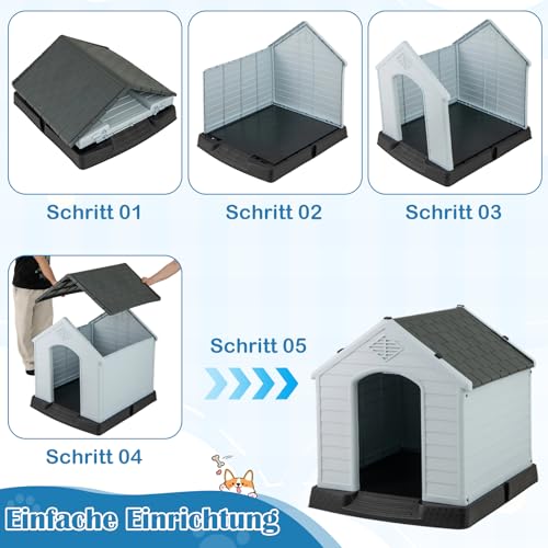 GYMAX Outdoor Hundehütte mit Schrägdach & erhöhtem Boden, Hundehaus aus Kunststoff, Wetterfeste Hundehöhle im Landhausstil (Grau + Schwarz, 72,5 x 66 x 70,5 cm)