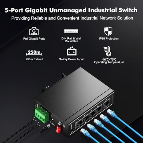 Image of MokerLink 5 Port Industrial Din Rail Gigabit Switch, 4 x 100 /1000Mbps Ports, 1 Gigabit Uplink, Mini Size, Metal DIN-Rail & Wall Mount Ethernet Switch