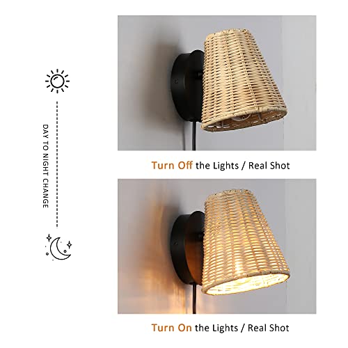 Modern Plug In Cord Bamboo Rotate Wall Light Fixture - Rattan Lampshade Chandelier Hanging Wall Mounted Lamp, Indoor Wood Basket Wicker Wall Sconce Decoration For Kitchen Island Living Room Restaurant #TOP4