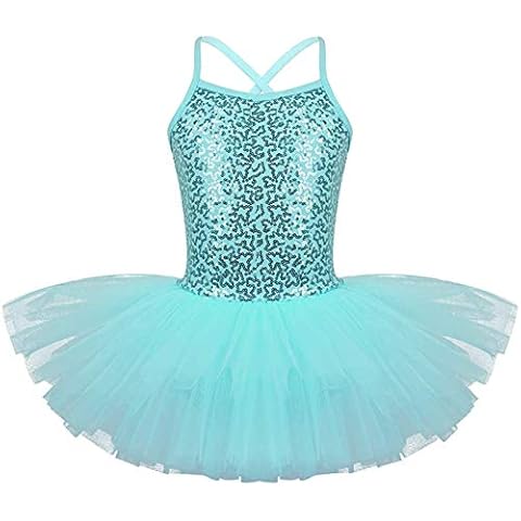 TACKMETER Kids Girls Sequin Sparkly Strap Leotards for Ballet Dance Skirted Tutu Dress Party Costumes (Turquoise, 5-6) Cover