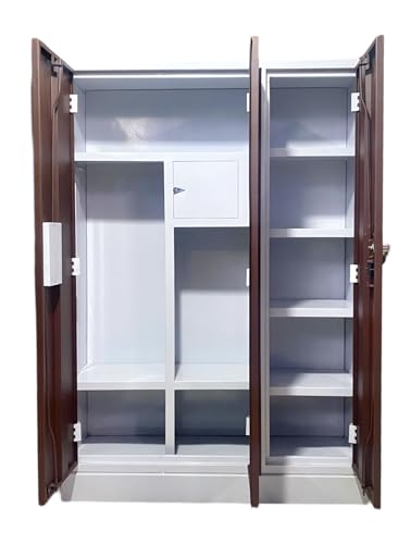 Image of MKFURNITURE Steel Almirah Wardrobe 3 Door with Mirror Cupboard | Wardrobe Storage Rack Closest Organizer for Clothes | 2 Hanging Space Single Locker with Letter Box | Modern Storage Wardrobe (Brown)