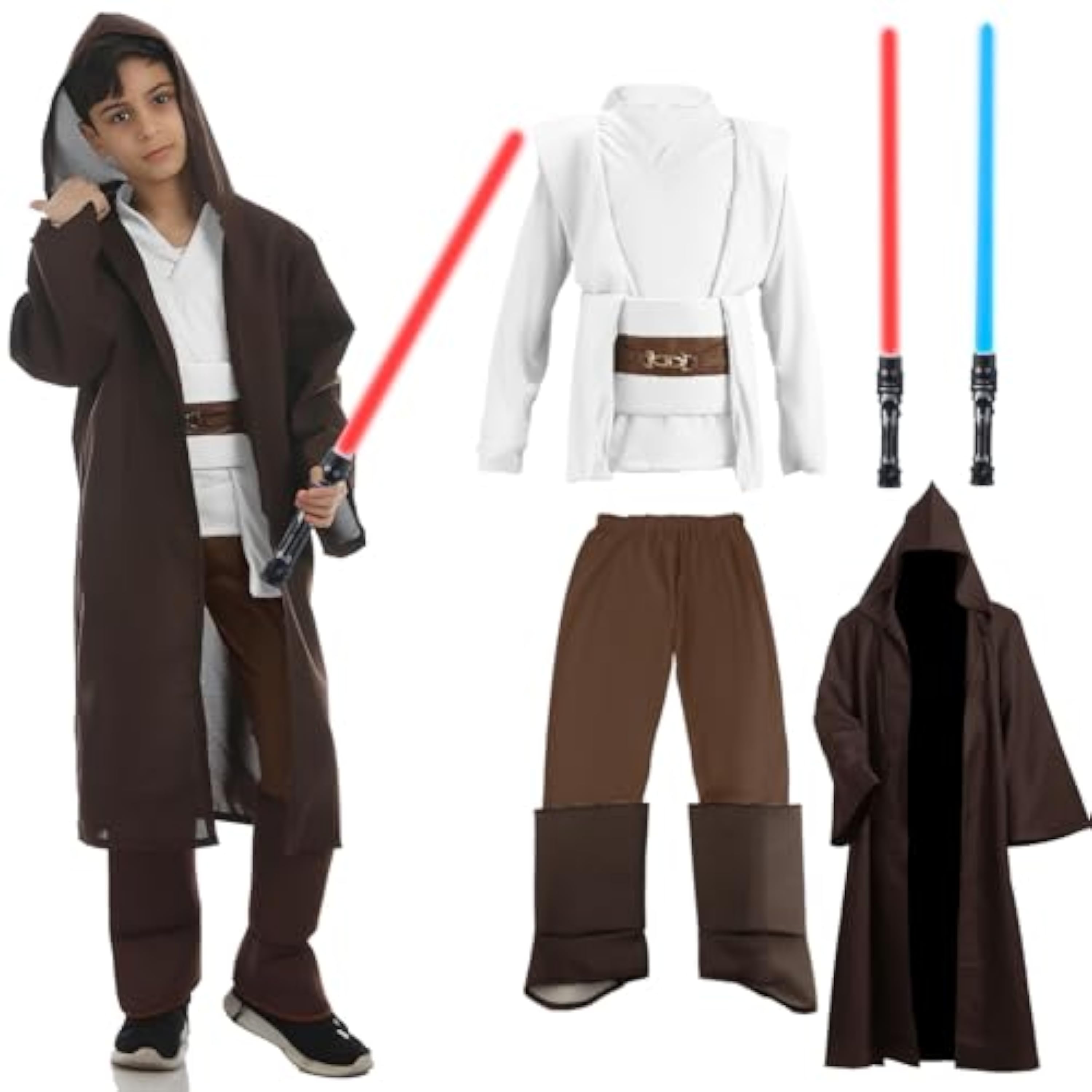 Aitsite Disfraz Je-d Niños, Disfraz de Túnica con Capucha Cinturón Sable de luz Rojo y Azul, disfraz Cosplay de Halloween Carnaval(Blanco 160)