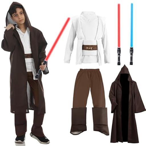 Aitsite Disfraz Je-d Niños, Disfraz de Túnica con Capucha Cinturón Sable de luz Rojo y Azul, disfraz Cosplay de Halloween Carnaval(Blanco 160) | Ya disponible en tu tienda friki favorita! En mundofriki.es!