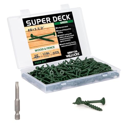 Image of WELLOCKS #8 x 1-1 /2 in Green Deck Screws, 204 PCS with T25 Bit | 1000+ Hour Salt Spray Coating for Outdoor Fences, Deck Boards, Pressure Treated Lumber, and Repairs.