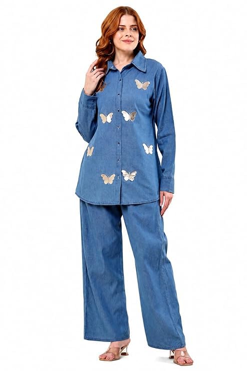 JP FAS WORLD Women's Denim Co-ord Set - 2-Piece Butterfly Embroidered Long Sleeve Button-Down Chambray Shirt and Wide-Leg Pants-image-46