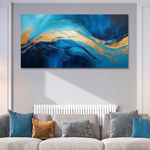 Tableau abstrait bleu et or luxueux grand format encadré