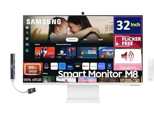 Image of Samsung 32-Inch M8 (M80D) 4K UHD Smart Monitor with Streaming TV, Speakers, HDR10+, AI Upscaling, Ergonomic Stand, Slimfit Camera, Gaming Hub, USB-C & DKZ USB Port Expander, (LS32DM801UNXZA)