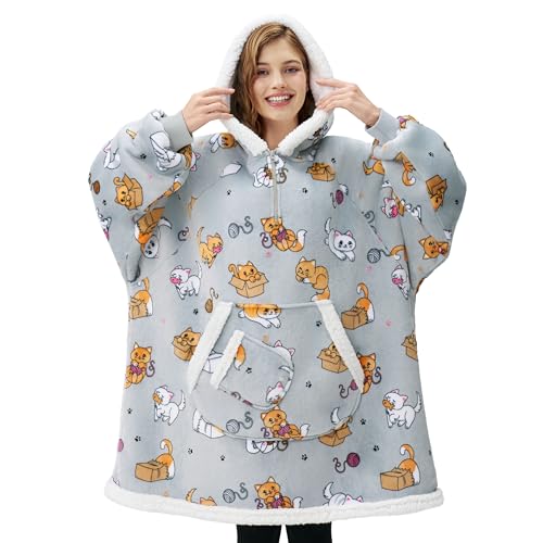 Image of Giggling Getup Wearable Blanket Hoodie for Adults Gifts for Teen Girls Sister Women Sherpa Fleece Printed Hooded Blanket Sweatshirt Warm Cozy with Pocket & Sleeves Grey Cat