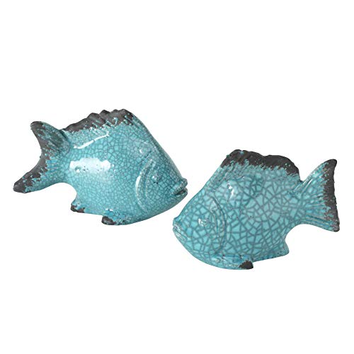 Whw Whole House Worlds Beach Chic Fish Sculptures, Set Of 2, Crackled And Worn Blue Glazed Over Terracotta, Each 6.0 L X 2.25 W X 4.0 H Inches, 0.75 Lbs #TOP21