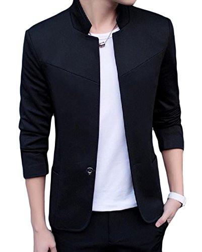 Abetteric Men's Stand-up Collar Solid-Colored Casual 1 Button Blazer Suit Black M