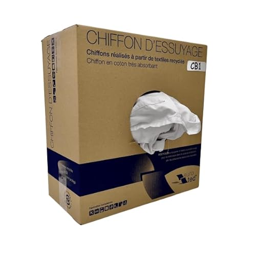 Euro-ted Chiffon d'Essuyage en Coton Recyclé, Blanc, Très Absorbant, Style Industriel, Format Boîte, 30x15 cm, Pour Usage Professionnel