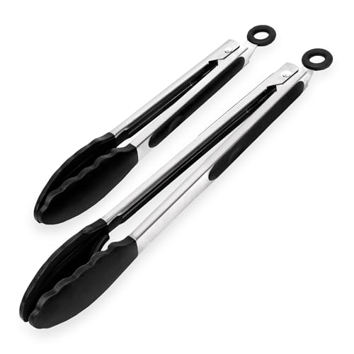 ASAB Kitchen Tongs Pack of 2 Silicone 9 and 12 Non-Slip Stainless Steel Handle Easy Grip Cooking Tongs Smart Locking Clip Heat Resistant Tongs for Cooking BBQ Buffet Barbecue Salad Serving (Black)