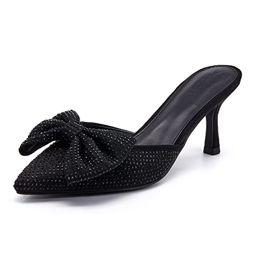 Coutgo Womens Rhinestone Bow Heeled Mules Pointed Toe Low Kitten Heel Dress Pumps Sandals Bridal Party Wedding Shoes Black #TOP18