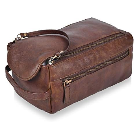 ESTALON Travel Toiletry Bag for Men & Women - Genuine Leather Hanging Toiletry Bag For Travelling - Leather Dopp Bag Kit Pouch (Brown) Cover