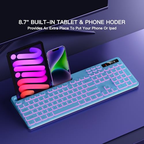 Image of Soueto Wireless Keyboard with 7-Color RGB Backlit, Full-Size Computer Keyboard with Phone Tablet Holder, 2.4G Rechargeable Gaming Keyboard with Light Up Keys, Compatible with Mac, Windows (Sky Blue)