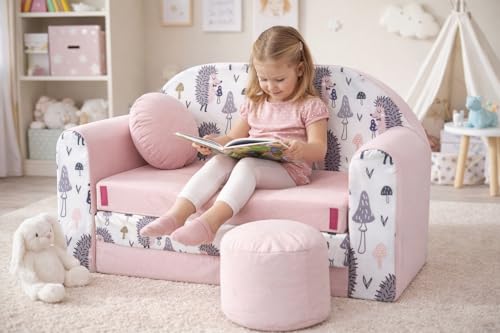 Pro Cosmo Un sofá Plegable para niños con función de Dormir con Colchón, Cojín y Puf Desenfundables - 98x168x59 cm - Ligero y Fácil de Plegar - Color HX1 Rosa Claro - Erizos