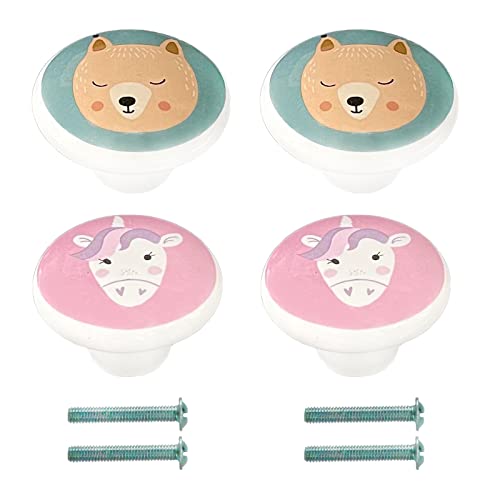 4Pcs Boutons de Meuble Céramique Enfant Poignée de Tiroir Ours et Licorne avec Vis, Boutons Porte Adorable Rond Boutons de Tiroir Motif Animaux pour Tiroir, Armoires, Chambre d'enfant, Cuisine, Salon Cover