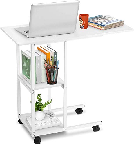 GOTOTOP Snack Side Table, Mobile End Table Bedside Table Laptop Rolling Cart C Shaped TV Tray with Storage Shelves for Sofa Couch (White)