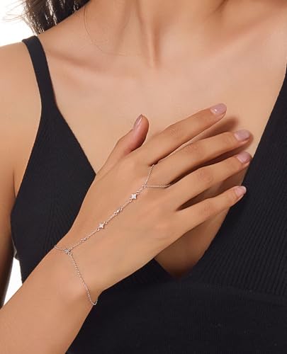 Gold Bracelets for Women 14K Gold Plated Hand Chain Bracelet Dainty Trendy Ring Chain Bracelet Charm Link Adjustable Cubic Zirconia Hand Bracelets Jewelry Gifts for Women