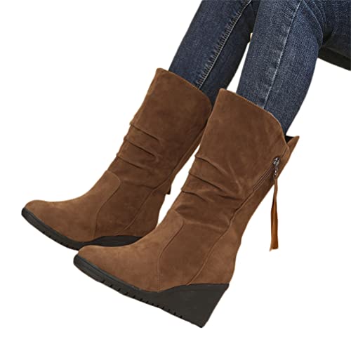 Onsoyours Stivali in Pelle Scamosciati da Donna con Tacco Grosso in Camoscio Stivali a Punta Stivali da Cavaliere Plissettati con Zeppa Autunno e Inverno B Marrone 35 EU