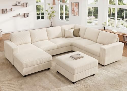 Image of HONBAY Corduroy Sectional Couch with Storage, U Shaped Sectional Sofa, 8 Seater Sectional Couch for Living Room, Beige