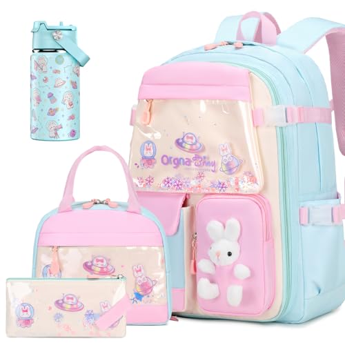 FIXITOK Girls Backpack with 14oz Insulated Water Bottle Set, Kawaii Bunny School Backpack for Girls with Kids Water Bottle Lunch Bag Pencil Case for Kindergarten Elementary Preschool School