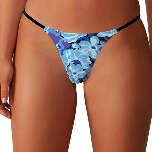peiyeety Tanga para Mujer, Bragas de Hilo G, Ropa Interior con Estampado de Flores Azules, Bikini de Tiro bajo.