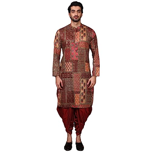 Image of KISAH Men's Regular Fit Printed Cotton Blend Multi Kurta Dhoti Pants Set Multicolour, 42
