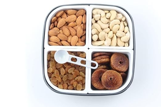 Image of Dry Fruit Storage Box with 4 Compartments | Airtight Multipurpose Snack Organizer | Plastic Dry Fruit Container with Lid | Kitchen Storage Box for Nuts, Spices, Snacks (18x18x6 cm)