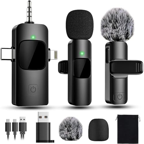 4 in 1 Mini Microphone Wireless Lavalier Microphone for iPhone Android Computer Laptop Camera USB-C,2.4G Ultra-Low Delay,Noise Reduction,Double Lapel Microphone for Youtube TikTok Vlog (Mini Mic)