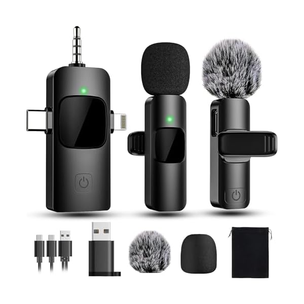 4 in 1 Mini Microphone Wireless Lavalier Microphone for iPhone Android Computer Laptop Camera USB-C,2.4G Ultra-Low Delay,Noise Reduction,Double Lapel Microphone for Youtube TikTok Vlog (Mini Mic)