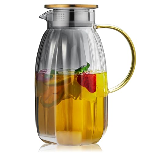 68OZ Glass Pitcher with Lid and Spout, Water Jug, 2000ml Carafe for Hot/Cold Water, Large Iced Tea Pitcher for Coffee, Juice and Homemade Beverage