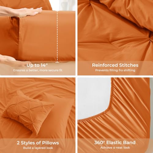 Image of Sasttie King Size Comforter Set, 7-Piece Bed in a Bag, Pintuck Bedding Set for All Season, Includes Comforter, Flat Sheet, Fitted Sheet, Pillowcases and Pillowshams, Coral Orange