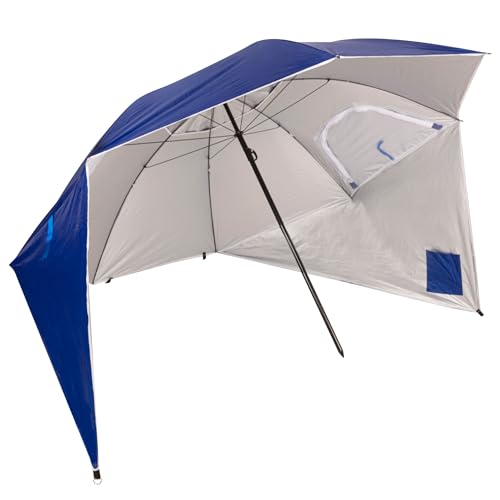 AKTIVE Grand Parasol de Plage, 240 cm, Couleur Bleu, mât en Acier, réglable en Hauteur, Tissu Polyester, Protection UV50, Grands parasols + étui de Transport avec poignée (62349), Bleu, Grande