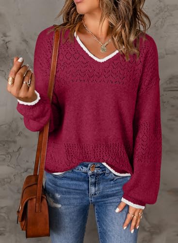 Image of SHEWIN Women's Sweaters Casual Long Sleeve V Neck Crewneck Lightweight Crochet Pullover Sweater Tops