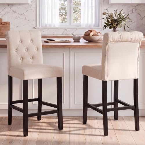 LSSBOUGHT beige upholstered counter stools with button-tufted backs