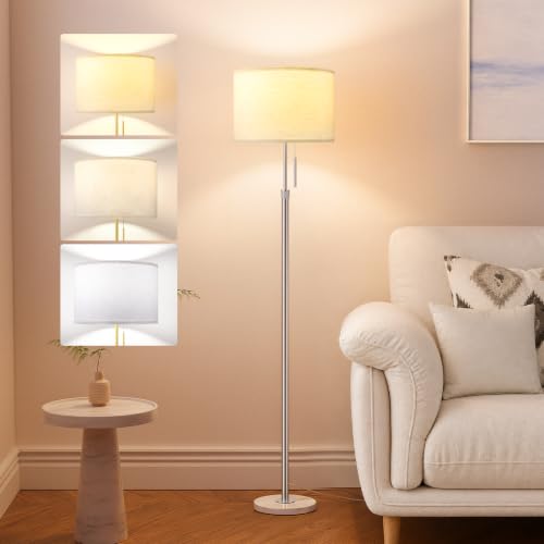 Image of Ambimall Height Adjustable Modern Floor Lamp, Silver & White
