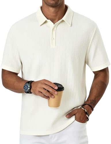 Camisetas Polo para Hombre de Manga Corta, Tejido Texturizado y Elástico, Cuello con Botones, Ligero y Transpirable, Estilo Casual y Elegante, Ideal para Verano, Negocios y Viajes miniatura 1