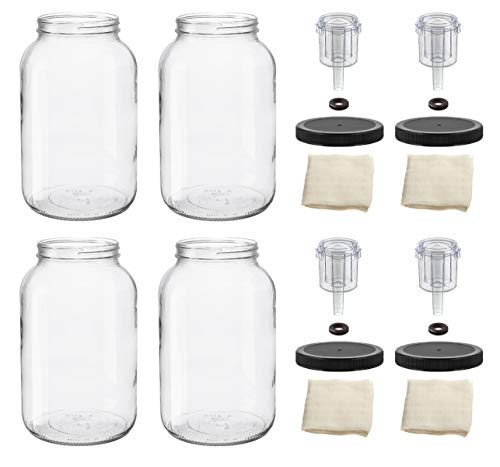 North Mountain Supply 1 Gallon Glass Wide Mouth Jar With Drilled Black Plastic Lid, 3-Piece Airlock, & Cheesecloth - Set of 4 - USDA Approved, BPA-Free, Dishwasher Safe For Fermenting