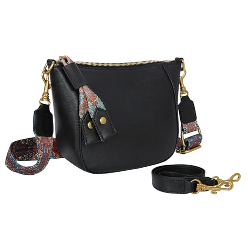 Image of HESHE Leather Crossbody Bags for Women Soft Hobo Purses Stylish Satchel Bags Boho Shoulder Handbags with Wide Strap (Black)