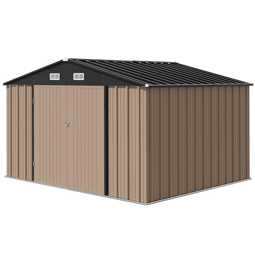 Image of Devoko 10 x 8 FT Outdoor Storage Shed, Metal Garden Sheds & Outdoor Storage Clearance, Large Tool Shed Outdoor with Single Lockable Door for Patio Lawn Backyard (Brown)