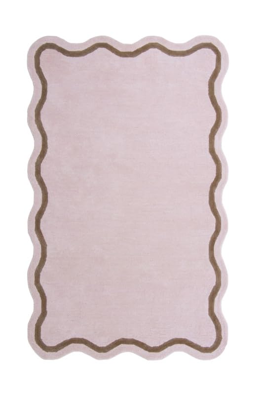 Image of Hand-Tufted Wool Area Rug - 6x6 Ft, Round Blush Pink Rug with Brown Scalloped Border, Soft Plush Handmade Wool Carpet with Elegant Design for Hallway, Living Room, Bedroom & Entryway Decor