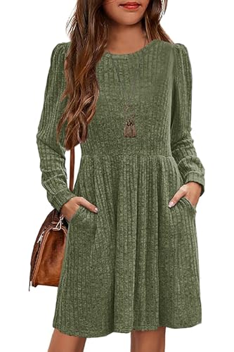 HOSIKA Girls Knit Dress Fall Long Sleeve Crew Neck Plain A-line Casual Dresses with Pockets for 6-12 Y
