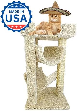 CozyCatFurniture 32 inches Cat Furniture for Big Cats, 3 Large Beds, Solid Wood Construction, Sisal Post, Beige Carpet